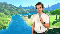 Any Austin holding a microphone in front of a river in Tears of the Kingdom